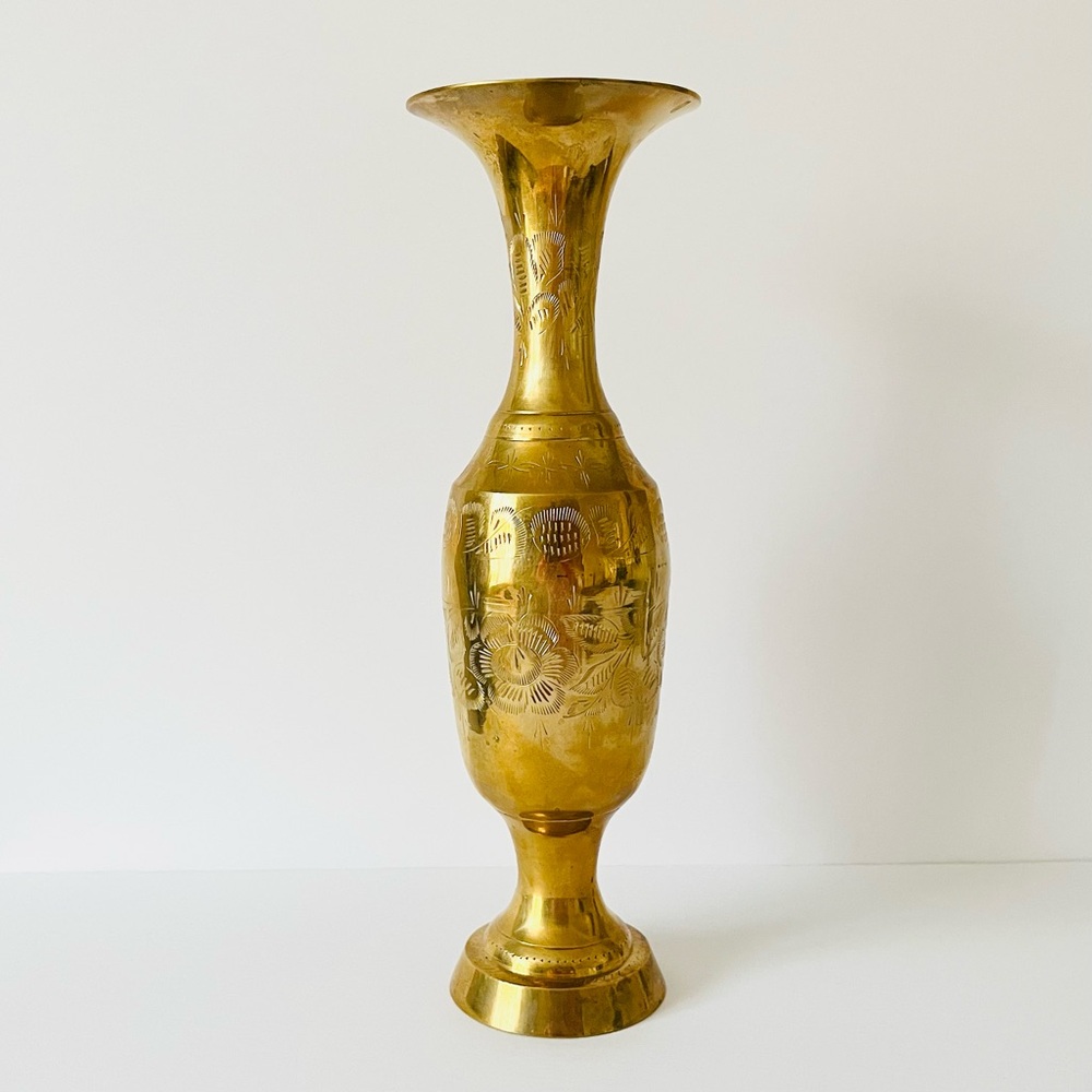 Vintage Etched Brass Trumpet Vase Handmade in India